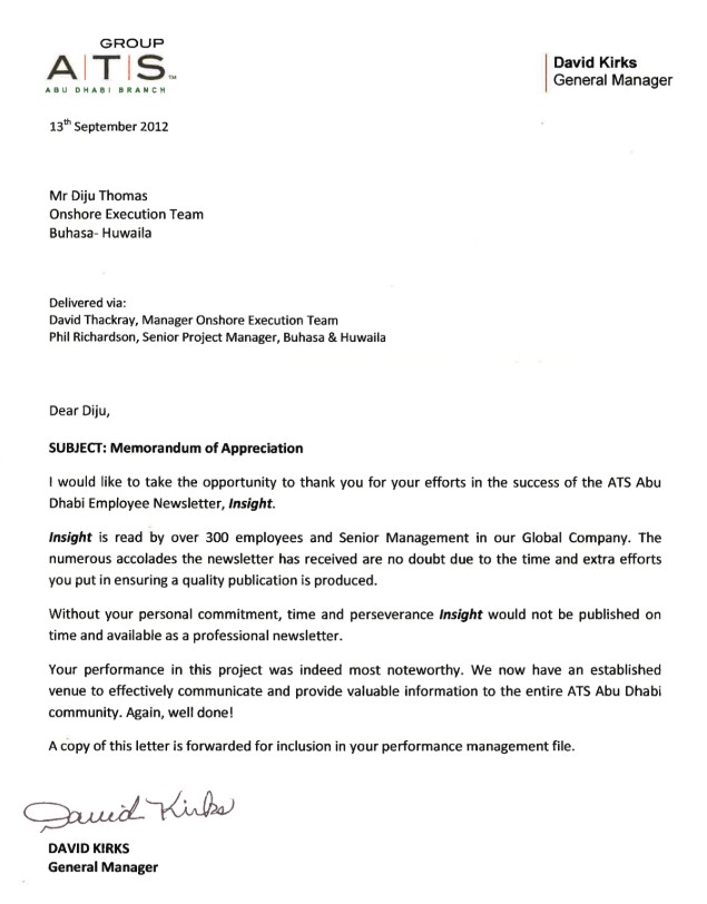 Letter of Appreciation β ATS Newsletter